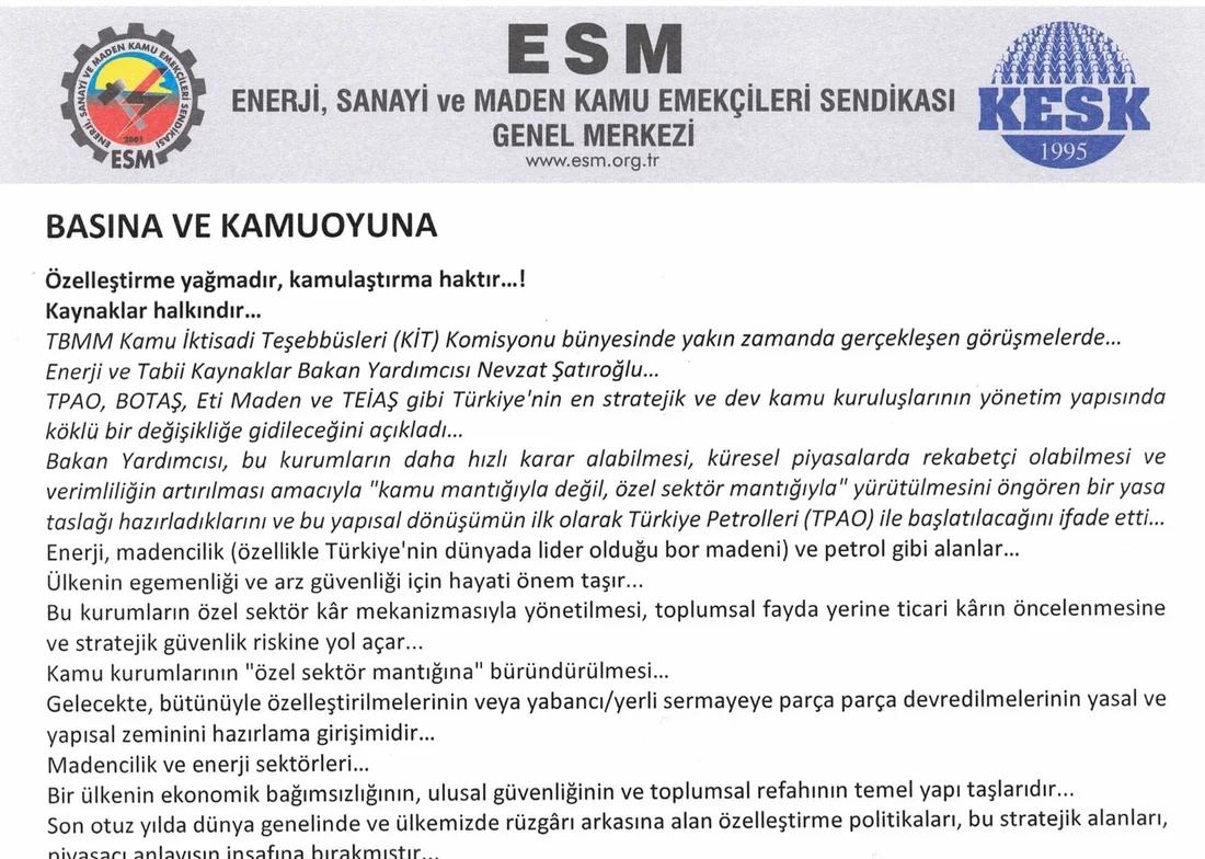 ESM ve KESK logolu antetli kâğıtta "Basına ve kamuoyuna" başlıklı, "Özelleştirme yağmadır, kamulaştırma haktır…!" diye başlayan basın açıklamasının ilk bölümü.