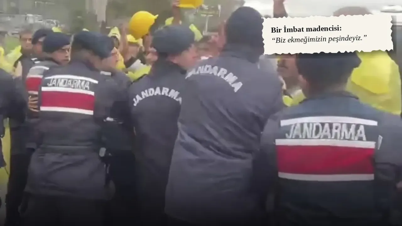 Jandarma personeli sıra halinde dururken arkalarında sarı baretli maden işçileri; jandarma yeleklerinin sırtında JANDARMA yazısı. Sol üstte bir İmbat madencisinin "Biz ekmeğimizin peşindeyiz" sözü.