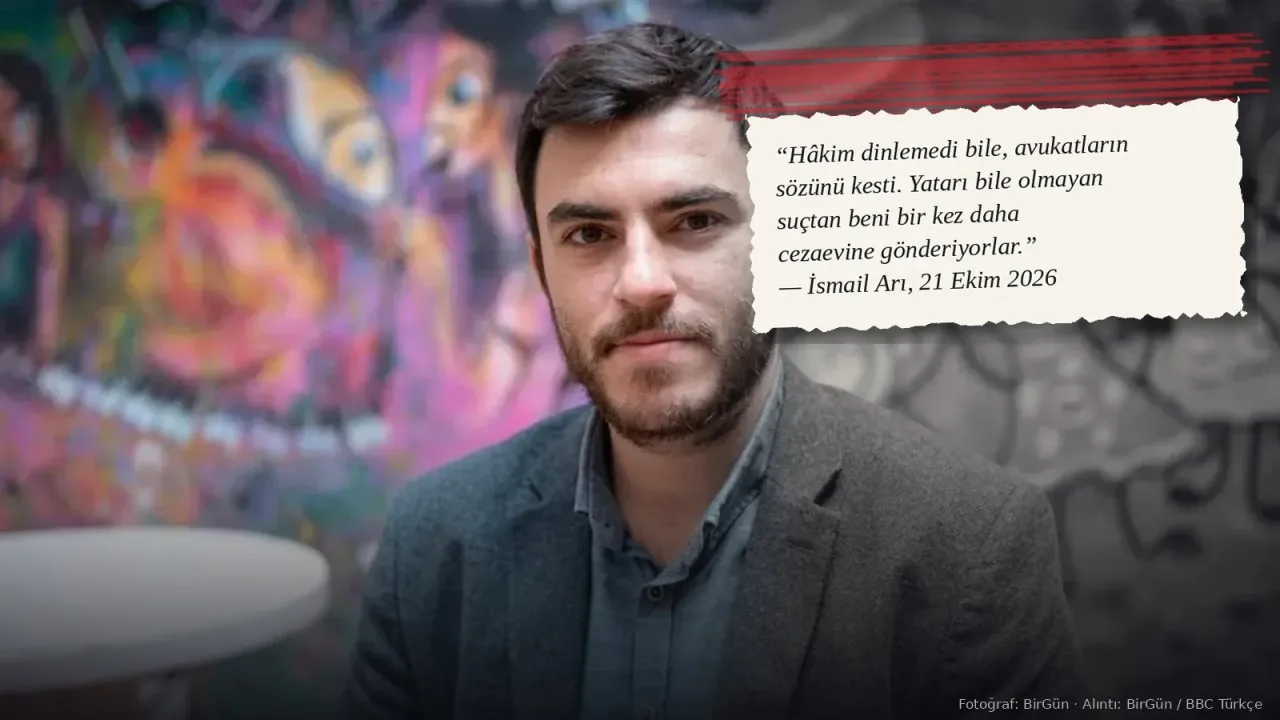 BirGün muhabiri İsmail Arı'nın portresi; sağda Arı'nın tutuklama sonrası avukatları aracılığıyla yaptığı açıklamadan alıntı kartı.