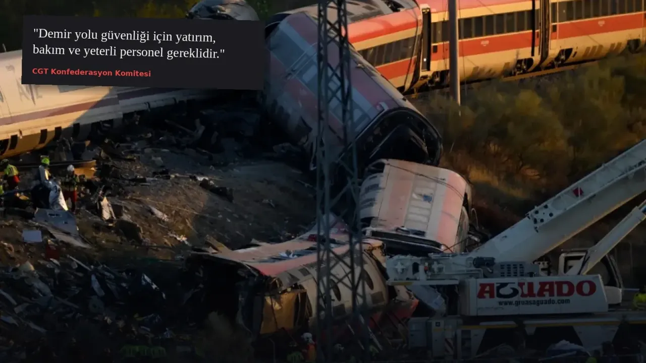 Raydan çıkıp devrilmiş, parçalanmış hızlı tren vagonları ve enkaz arasında çalışan kurtarma ekipleri; arkada kırmızı-beyaz bir tren ve vinçler. Sol üstte koyu kartta CGT'nin "Demir yolu güvenliği için yatırım, bakım ve yeterli personel gereklidir" sözü.