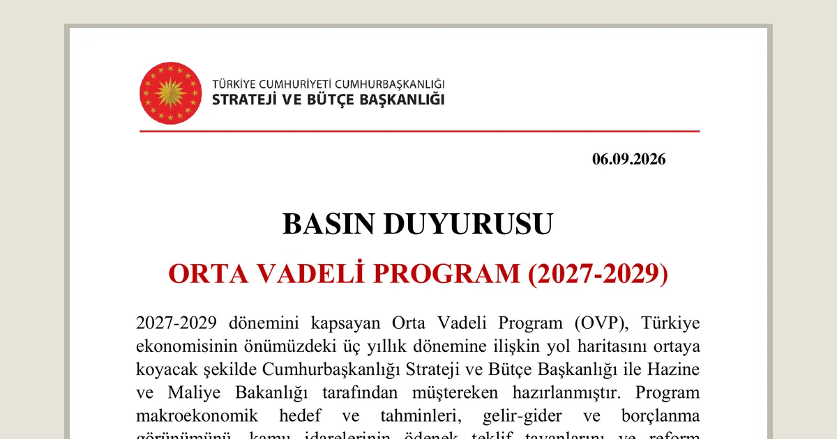 Strateji ve Bütçe Başkanlığı'nın 6 Eylül 2026 tarihli Orta Vadeli Program (2027-2029) basın duyurusunun ilk sayfası