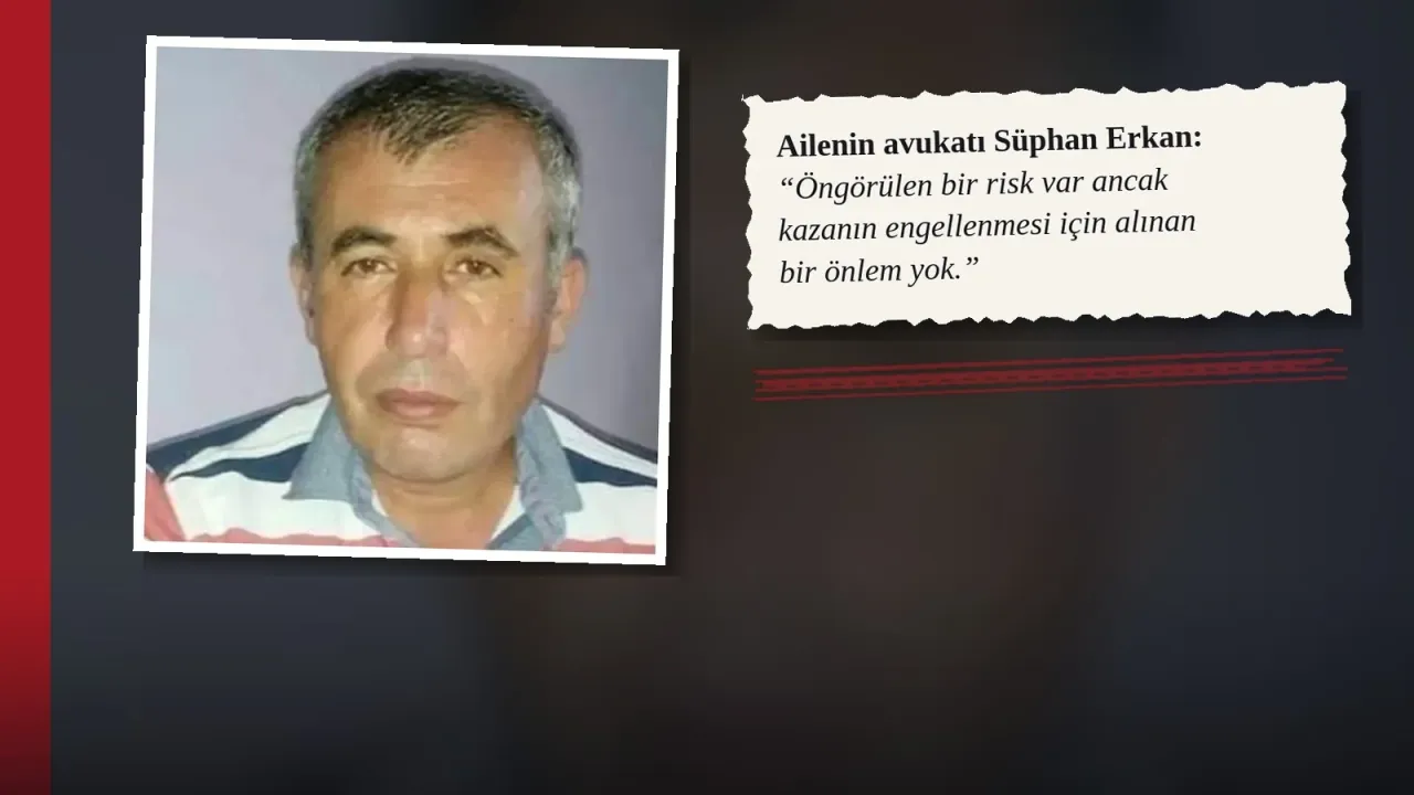 Koyu zemin üzerinde beyaz çerçeveli arşiv portresi: çizgili tişörtlü, kısa kır saçlı Raif Çatan. Yanında yırtık kâğıt kartta avukat Süphan Erkan'ın 'Öngörülen bir risk var ancak kazanın engellenmesi için alınan bir önlem yok' sözü.