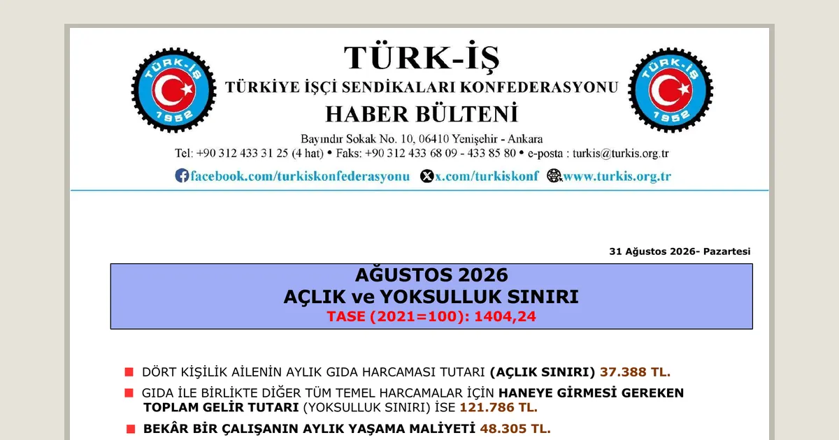 TÜRK-İŞ'in Ağustos 2026 Açlık ve Yoksulluk Sınırı haber bülteninin ilk sayfası
