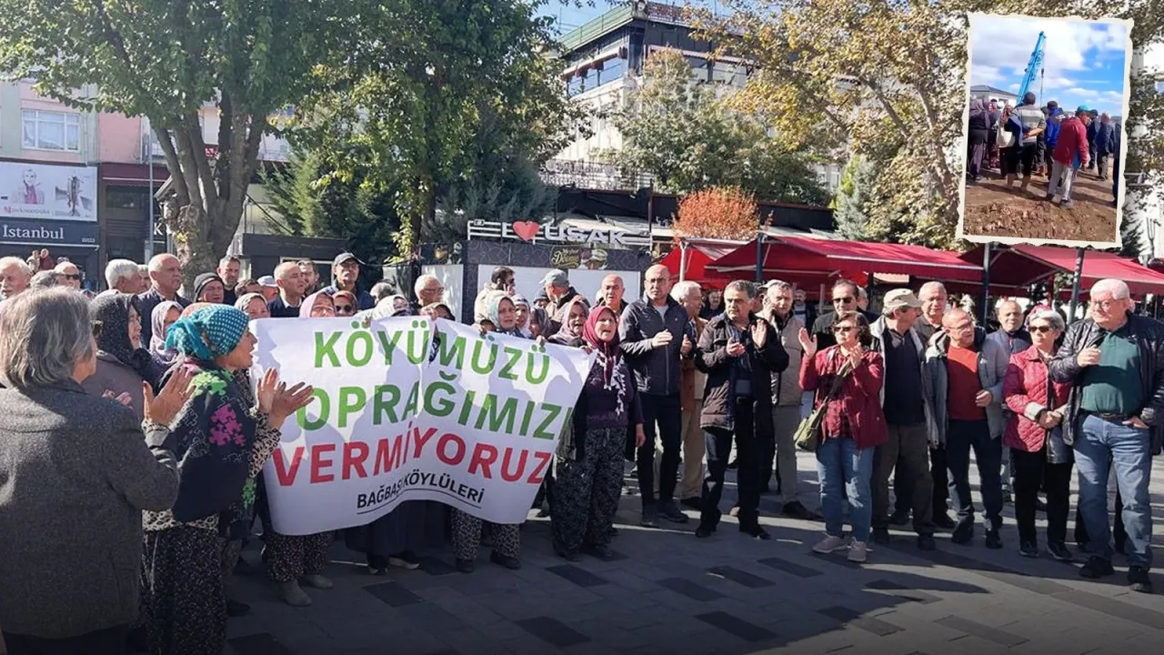 Uşak kent merkezinde "Köyümüzü toprağımızı vermiyoruz – Bağbaşı köylüleri" pankartı açan, alkışlayan kadın ve erkek köylüler. Sağ üstte GES sahasında iş makinesinin yanında toplanan köylülerden bir video karesi var.