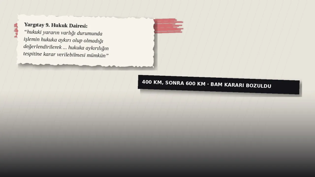 Açık renkli kâğıt zemin üzerinde yırtık kâğıt kartta Yargıtay 9. Hukuk Dairesi'nin "hukuki yararın varlığı durumunda işlemin hukuka aykırı olup olmadığı değerlendirilerek ... hukuka aykırılığın tespitine karar verilebilmesinin mümkün" ifadesi; yanında kırmızı fırça darbesi ve "400 km, sonra 600 km -